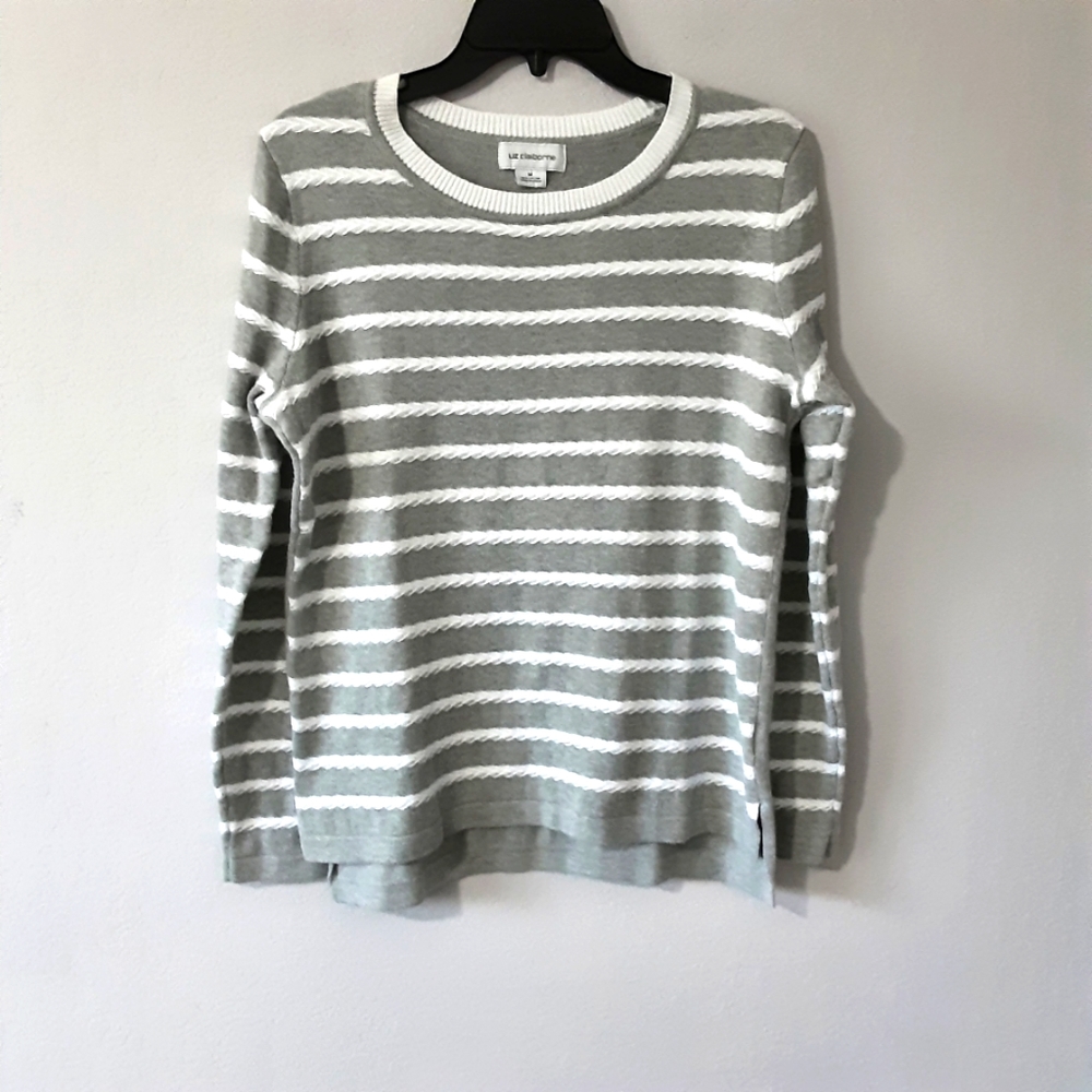 Liz Claiborne Grey with White Stripes Sweater Women's Size Medium